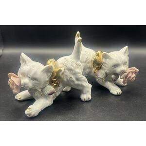 Vintage Pair Of Betson’s White & Gold Porcelain Kitty Cat Figurine Pink Flower